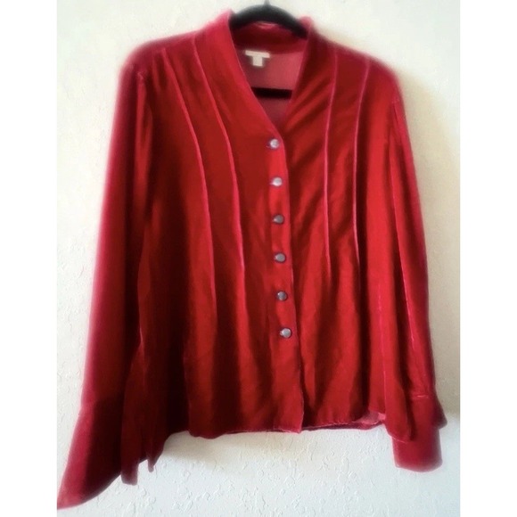 J.Jill Tops - J Jill Crushed Rich Red Velvet Button Up Tunic Top Blouse‎ Silk Blend L Petite